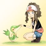  &gt;_&lt; 1girl :p baseball_cap brown_hair closed_eyes commentary_request eyelashes hat long_hair looking_at_viewer nose_pinch pokemon pokemon_(creature) pokemon_(game) pokemon_bw ponytail sapphire_satou shorts smile snivy squatting standing tongue tongue_out touko_(pokemon) wristband 