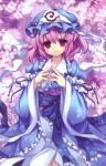 1girl blue_dress bow capura_lin cherry_blossoms dress fingers_together floral_background floral_print frills hat highres hitodama japanese_clothes long_sleeves looking_at_viewer mob_cap obi pink_eyes pink_hair puffy_sleeves ribbon saigyouji_yuyuko sash scan short_hair smile solo touhou triangular_headpiece veil wide_sleeves 