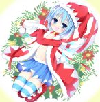  1girl :d alternate_costume bell blue_eyes blue_hair blush choker christmas cirno fur_trim hat ice ice_wings jingle_bell jumping looking_at_viewer maccha navel open_clothes open_mouth sack santa_costume santa_hat skirt smile solo striped striped_legwear thigh-highs touhou wings 