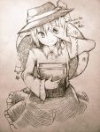  1girl artist_name book bow character_name crescent hair_bow hat monochrome necktie short_hair sketch skirt smile solo star touhou traditional_media usami_renko wadante 