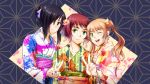  3girls ;d alternate_costume alternate_hairstyle black_hair blonde_hair brown_eyes floral_print flower green_eyes hair_flower hair_ornament hair_over_one_eye hair_up highres ibarazaki_emi ikezawa_hanako japanese_clothes katawa_shoujo long_hair multiple_girls nail_polish obi one_eye_closed open_mouth petals raide redhead sash short_hair smile tezuka_rin twintails v 