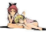  2girls blonde_hair closed_eyes commentary_request crossed_legs hair_ornament hair_ribbon lap_pillow lying mahou_shoujo_madoka_magica multiple_girls on_side red_eyes redhead ribbon sakura_kyouko sapphire_satou short_hair sitting smile tagme tomoe_mami 