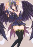  1girl bare_shoulders black_hair breasts cleavage fire flower hair_flower hair_ornament highres jewelry long_hair persephone_(p&amp;d) pointy_ears puzzle_&amp;_dragons solo thigh-highs tiara violet_eyes wings yoshioka 