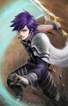  1boy blue_eyes boots cape fire_emblem fire_emblem:_kakusei hands highres krom orenji-kun purple_hair shoulder_armour sword weapon 