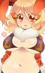  1girl ? blonde_hair blush breasts cleavage flareon hair_ornament large_breasts navel open_mouth personification pokemon ponta_(bokuiki!) red_eyes short_hair simple_background solo white_background 