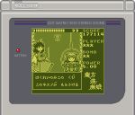  2girls bow bucket check_commentary check_translation commentary_request fake_screenshot game_boy hair_bobbles hair_bow hair_ornament hakurei_reimu in_bucket in_container kirai_shouen kisume multiple_girls pixel_art short_hair touhou touhou_(game) translation_request twintails 