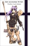  1girl belt breasts cannon cleavage ernst_von_bauer garter_straps genderswap gloves gun handgun kurokishi_monogatari long_hair mecha_musume military military_uniform military_vehicle mouth_hold panzerkampfwagen_panther personification purple_hair sumisi tank uniform vehicle violet_eyes weapon 