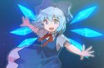  1girl blue_eyes blue_hair bow cirno dress fairy g.t glowing gradient gradient_background hair_bow hair_ornament ice ice_wings looking_at_viewer open_mouth outstretched_arms puffy_sleeves short_hair short_sleeves simple_background smile solo touhou wings 