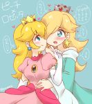  2girls aqua_dress blonde_hair blue_eyes blush crown dress earrings elbow_gloves eromame gloves jewelry long_hair long_sleeves super_mario_bros. multiple_girls open_mouth pink_dress princess_peach puffy_short_sleeves puffy_sleeves rosetta_(mario) short_sleeves smile super_mario_bros. super_mario_galaxy translated white_gloves wide_sleeves yuri 