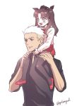  1girl archer blue_eyes brown_hair byulrorqual carrying child dark_skin fate/stay_night fate/zero fate_(series) shoulder_carry thigh-highs time_paradox toosaka_rin twintails white_hair 