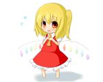  1girl blonde_hair dress fang flandre_scarlet hair_between_eyes kisa_(k_isa) open_mouth red_dress red_eyes short_hair short_sleeves side_ponytail simple_background solo touhou white_background 