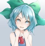  1girl :d ankh_(ankh_05) blue_eyes blue_hair bow cirno collared_shirt dress gradient gradient_background hair_bow happy lowres open_mouth red_ribbon ribbon short_hair sleeveless sleeveless_shirt smile solo touhou upper_body 