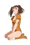  1girl between_legs blush boots breasts brown_hair cleavage collarbone cross-laced_footwear diane_(nanatsu_no_taizai) frown guaizi highres lace-up_boots leotard nanatsu_no_taizai orange_boots puffy_sleeves seiza shiny shiny_hair shiny_skin simple_background sitting solo twintails violet_eyes white_background 