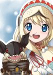  1girl blonde_hair blue_eyes claws gloves highres hood lagombi lagombi_(armor) looking_at_viewer monster monster_hunter monster_hunter_portable_3rd open_mouth snow whitewisewolf 