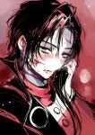  1boy blood blurry blush cuts face injury kashuu_kiyomitsu limited_palette lips long_hair male_focus red_eyes red_scarf scarf solo touken_ranbu yan&#039;yo_(yan&#039;yan&#039;yo) 