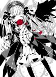  1girl bird_wings cross dress flower frilled_sleeves frills gothic_lolita hairband highres holding holding_flower lolita_fashion lolita_hairband long_hair long_sleeves monochrome moru one_eye_closed rose rozen_maiden solo suigintou very_long_hair wings 