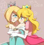  2girls aqua_dress bare_shoulders blonde_hair blue_eyes blush crown dress earrings elbow_gloves eromame gloves hair_over_one_eye hug hug_from_behind jewelry long_hair long_sleeves super_mario_bros. multiple_girls open_mouth pink_dress princess_peach puffy_short_sleeves puffy_sleeves rosetta_(mario) short_sleeves smile super_mario_galaxy translation_request white_gloves wide_sleeves yuri 