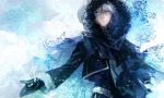  1boy belt blue_background blue_eyes hood jacket matsunaka_hiro mittens original scarf snow solo white_hair 