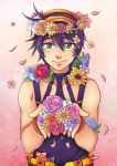  flower flower_wreath green_eyes highres jojo_no_kimyou_na_bouken lolitaii narancia_ghirga pink_background purple_hair 