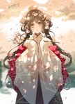  1girl branch brown_eyes brown_hair cherry_blossoms flower flower_on_head hanamura_mai head_tilt headdress holding horns japanese_clothes kimono long_hair long_sleeves looking_at_viewer open_mouth original solo wide_sleeves 
