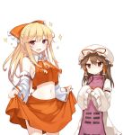  2girls ascot blonde_hair bow brown_hair cosplay costume_switch crop_top crop_top_overhang detached_sleeves dress hair_bow hair_ornament hair_tubes hakurei_reimu hakurei_reimu_(cosplay) hat hat_bow japanese_clothes long_hair long_sleeves looking_at_another looking_at_viewer midriff miko mob_cap multiple_girls navel open_mouth puffy_sleeves red_eyes sarashi shinoba shirt simple_background skirt skirt_lift skirt_set smile sparkle sweatdrop tabard touhou violet_eyes white_background white_dress wide_sleeves yakumo_yukari yakumo_yukari_(cosplay) 