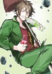  1boy blush brown_eyes brown_hair clenched_teeth jacket looking_at_viewer male_focus mouth_hold one_eye_closed open_clothes open_jacket otegine pants short_hair solo sweat textless touken_ranbu track_jacket track_pants track_suit yan&#039;yo_(yan&#039;yan&#039;yo) 