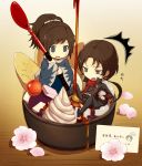  /\/\/\ 29/30 2boys anmitsu_(dessert) apple apple_slice black_hair blue_eyes bowl brown_hair cherry cherry_blossoms chibi flower food fruit highres in_food japanese_clothes kashuu_kiyomitsu male_focus miniboy multiple_boys ponytail pun red_eyes scarf shinsengumi spoon touken_ranbu whipped_cream yamato-no-kami_yasusada 