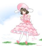  1girl animal_ears artist_name black_hair bonnet bunny_tail character_name clenched_hands clouds cloudy_sky copyright_name dated dress embellished_costume inaba_tewi lolita_fashion pantyhose pink_dress pink_shoes rabbit_ears red_eyes short_hair shou_moeboshi sky smile solo tail touhou twitter_username white_legwear 