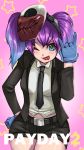  1girl :p blue_eyes blue_gloves formal gloves gradient_hair highres latex_gloves mask mask_removed multicolored_hair necktie payday_(series) payday_2 purple_hair shirt short_hair shorts suit tachumaru thighs tongue tongue_out twintails 