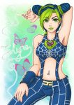  blue_hair braid butterfly green_eyes green_hair green_lipstick hair_bun halter_top halterneck highres jojo_no_kimyou_na_bouken kuujou_jolyne lipstick lolitaii makeup multicolored_hair navel_piercing piercing string two-tone_hair wristband 