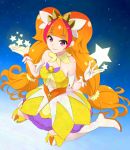  1girl amanogawa_kirara bare_shoulders boots brown_hair choker cure_twinkle dress earrings egooo gloves go!_princess_precure jewelry lips long_hair looking_at_viewer magical_girl multicolored_hair orange_hair precure sky smile solo star star_(sky) star_earrings starry_background starry_sky thigh-highs thigh_boots twintails two-tone_hair violet_eyes white_legwear 