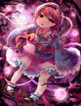  1girl ankle_socks frilled_skirt frilled_sleeves frills gradient gradient_background hairband head_tilt heart highres itsumizu komeiji_satori long_sleeves looking_at_viewer mary_janes open_mouth petals pink_eyes pink_hair shoes short_hair sitting skirt solo third_eye touhou vines 