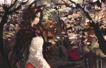  1girl animal_ears brooch brown_hair cape dress imaizumi_kagerou jewelry landscape long_hair long_sleeves looking_at_viewer nature onion_(onion_and_pi-natto) profile red_eyes solo touhou tree wolf_ears 