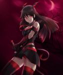  1girl akame akame_ga_kill! armband belt black_hair black_legwear breasts cleavage crescent_moon demon_girl demon_horns detached_collar gloves hand_on_hilt horns long_hair moon necktie neon_trim panties red_eyes red_moon red_panties ryairyai skirt solo thigh-highs underwear 