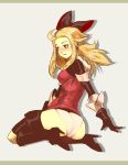  1girl ahoge ass black_gloves blonde_hair blue_eyes blush boots bow bravely_default:_flying_fairy bravely_default_(series) daga edea_lee gloves hair_bow high_heel_boots high_heels long_hair panties pink_panties sitting small_breasts solo thigh-highs underwear wariza 