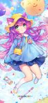  &gt;:3 1girl :3 animal_ears animal_hat artist_name bag balloon blue_skirt blush cat_ears confetti green_eyes hat hourglass instrument joypyonn kindergarten_bag kindergarten_uniform kneehighs league_of_legends long_hair lulu_(league_of_legends) poro_(league_of_legends) purple_hair recorder school_hat shoes skirt socks solo teemo uwabaki watermark web_address white_legwear 