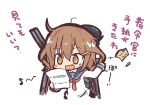  1girl anchor_symbol brown_eyes brown_hair commentary envelope fang hair_between_eyes hair_ornament hairclip ikazuchi_(kantai_collection) kantai_collection kasuga_yuuki letter musical_note neckerchief open_mouth school_uniform serafuku short_hair simple_background translated white_background 