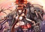  1girl antennae bare_shoulders black_legwear breasts brown_eyes brown_hair cannon cherry_blossoms detached_sleeves flower hair_flower hair_ornament kantai_collection large_breasts long_hair long_sleeves machinery mecha_musume miniskirt petals pleated_skirt ponytail shirt single_thighhigh skirt smile solo sumapan thigh-highs very_long_hair yamato_(kantai_collection) zettai_ryouiki 