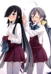  2girls absurdres adjusting_hair ahoge black_hair blush closed_eyes collared_shirt dressing fujikawa hair_over_one_eye hair_ribbon halterneck hayashimo_(kantai_collection) highres holding_clothes kantai_collection kiyoshimo_(kantai_collection) long_hair low_twintails multiple_girls neck_ribbon nyantype pantyhose pink_eyes ribbon smile twintails tying_hair 