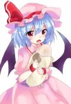  1girl bat_wings blue_hair fang hair_between_eyes highres ma-a mob_cap open_mouth red_ribbon remilia_scarlet ribbon short_hair short_sleeves simple_background solo touhou white_background wings 
