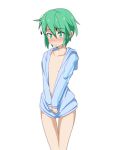  1girl androgynous antennae blush cato_(monocatienus) collarbone flat_chest frown green_eyes green_hair hoodie midriff naked_hoodie navel nose_blush open_clothes open_hoodie petite shirt_tug shy solo thigh_gap touhou tsurime v_arms wavy_mouth wriggle_nightbug 