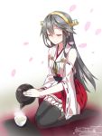  1girl bare_shoulders black_hair blush character_name closed_eyes cup dated detached_sleeves hair_ornament hairclip haruna_(kantai_collection) highres kantai_collection kuro_chairo_no_neko long_hair long_sleeves nontraditional_miko paw_print petals red_skirt remodel_(kantai_collection) sitting skirt smile solo teacup teapot thigh-highs wide_sleeves 