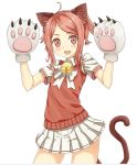  animal_ears arms_up bell cat_ears elin_(tera) fang gloves jd_(bibirijd) jingle_bell paw_gloves paws ponytail red_eyes redhead shirt short_hair skirt smile sweater_vest tail tera_online 