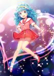  1girl :d artist_name blue_eyes blue_hair hairband hand_on_hip heart long_hair magical_girl mahou_no_yousei_persia mary_janes open_mouth persia_(mahou_no_yousei_persia) saban shoes skirt sleeves_rolled_up smile socks solo sparkle star wand 