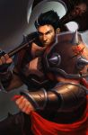  1boy armor axe black_hair bracer darius_(league_of_legends) grey_eyes highres league_of_legends looking_at_viewer orenji-kun over_shoulder red_cape scar shoulder_armour skull weapon weapon_over_shoulder 