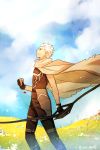  1boy archer bow_(weapon) cloak fate/stay_night fate_(series) field niu_illuminator sky solo weapon white_hair 