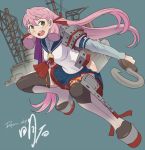  1girl akashi_(kantai_collection) green_eyes hair_ribbon hirotaka_(bitmap1022) hook kantai_collection long_hair looking_at_viewer open_mouth pink_hair ribbon school_uniform serafuku side_slit skirt smile solo thigh-highs tress_ribbon twintails uniform 