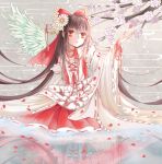  angel_wings bow brown_hair cherry_blossoms detached_sleeves flower hair_bow hair_ornament hair_tubes hairpin hakurei_reimu long_hair red_eyes reflection ribbon shimo_(smile19910702) single_wing touhou very_long_hair wings 