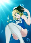  1girl blonde_hair book breasts bubble glasses green_eyes hat highres i-8_(kantai_collection) kantai_collection long_hair low_twintails name_tag open_mouth peaked_cap red-framed_glasses school_swimsuit solo sunlight swimsuit thigh-highs twintails underwater water white_legwear wosero 