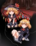  2girls alternate_costume altrouge between_legs blonde_hair darkness finger_to_mouth flandre_scarlet frilled_hat frilled_skirt frilled_sleeves frills gothic_lolita hair_ribbon hand_between_legs hat indoors lolita_fashion multiple_girls pink_eyes ribbon rumia short_hair sitting skirt touhou wings wrist_cuffs 